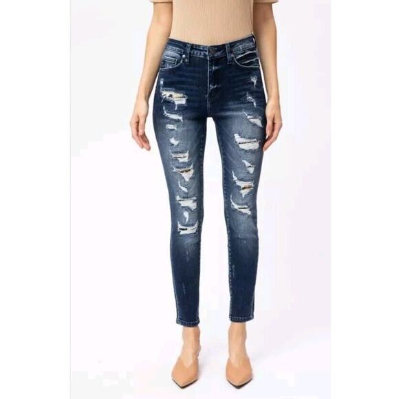 KANCAN GEMMA HIGH RISE ANKLE LEOPARD PATCH JEANS Size 5/26 - Picture 1 of 6